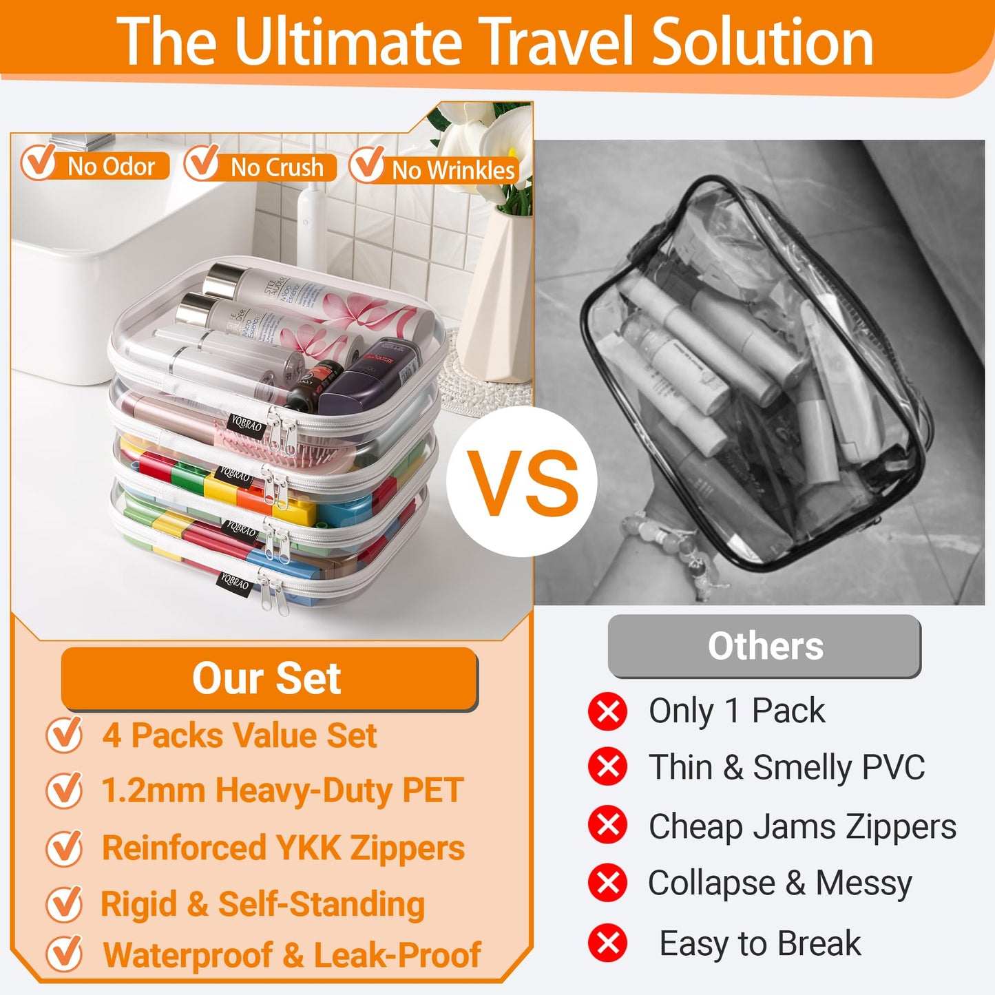 YQBRAO 4-Pack Clear Diaper Bag Organizer Pouches, 1.2mm Ultra-Thick PET Travel Pouches for Toiletries & Makeup, Rigid Self-Standing Bags with YKK Zippers, TSA Approved