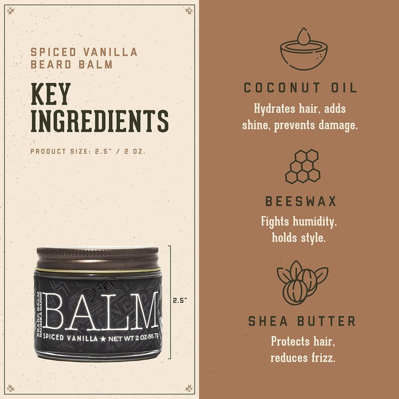 18.21 Man Made Beard Balm for Men, Spiced Vanilla, 2 fl. oz - Premium Grooming Cream with Low Shine for Conditioning and Shaping Beards, Mustaches - Scented Facial Hair Balms, Long-Lasting Moisture