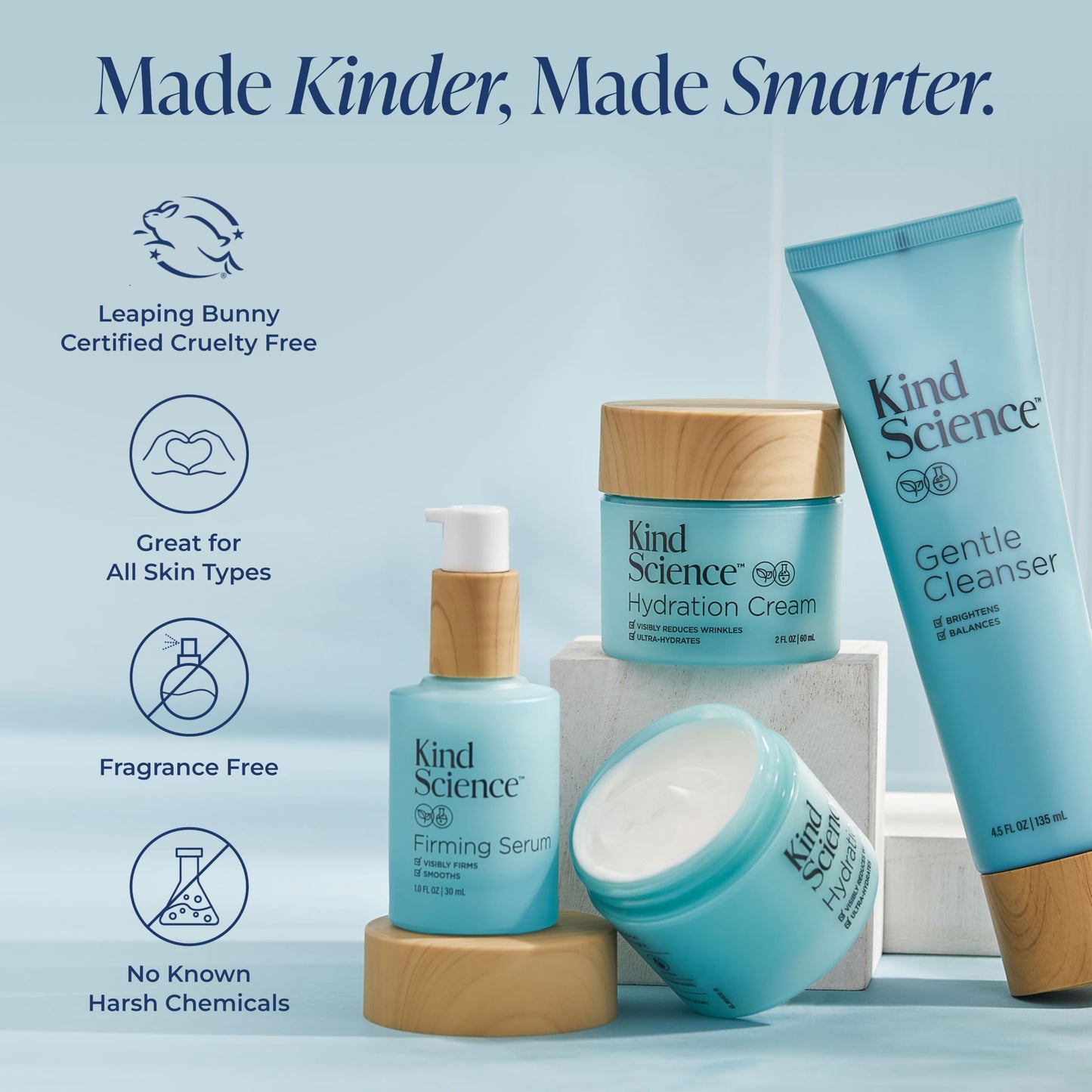 Kind Science 5-Piece Deluxe Anti Aging Skin Care Set for Day + Night Hydration, Anti Aging Treatment, Cleansing & Exfoliation - For Dry and Sensitive Skin - Fragrance Free, Cruelty Free