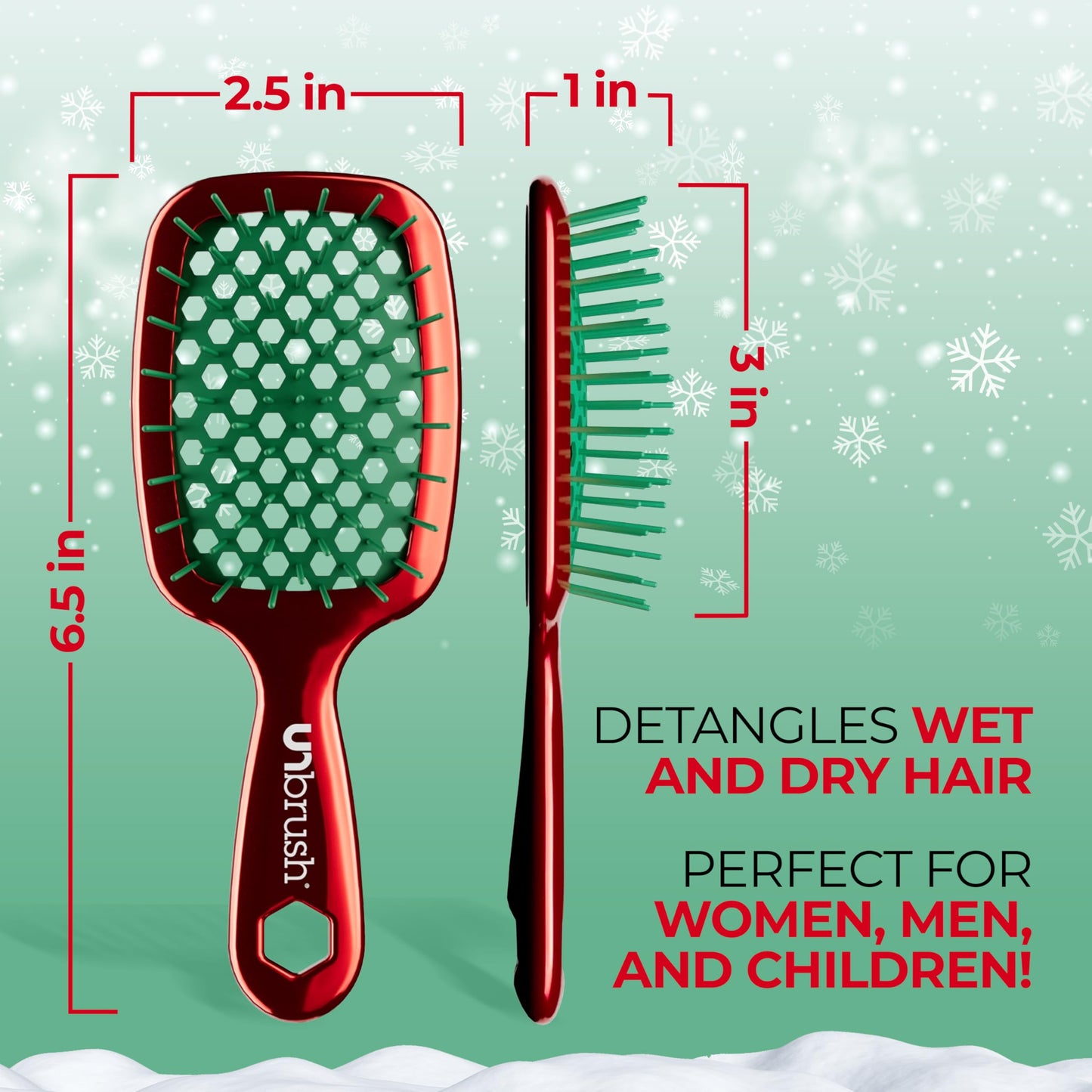 UNbrush Mini Holiday Hair Brush for Pain-Free Brushing On All Wet/Dry Hair Types — Mini UNbrush Detangling Brush with Durable Anti-Static Bristles, Lightweight & Vented — Christmas Hair Care Gifts