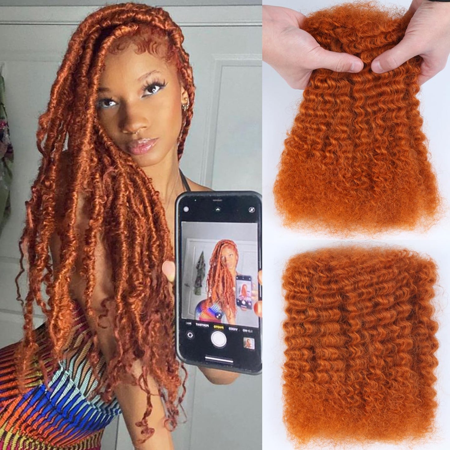 Afro Kinkys Bulk Human Hair For Braiding 18 inch Orange Ginger Afro Kinky Curly 100% Real Human Hair Bulk for Dreadlocks Mini Twist Crochet Braids Hair Extensions 50g