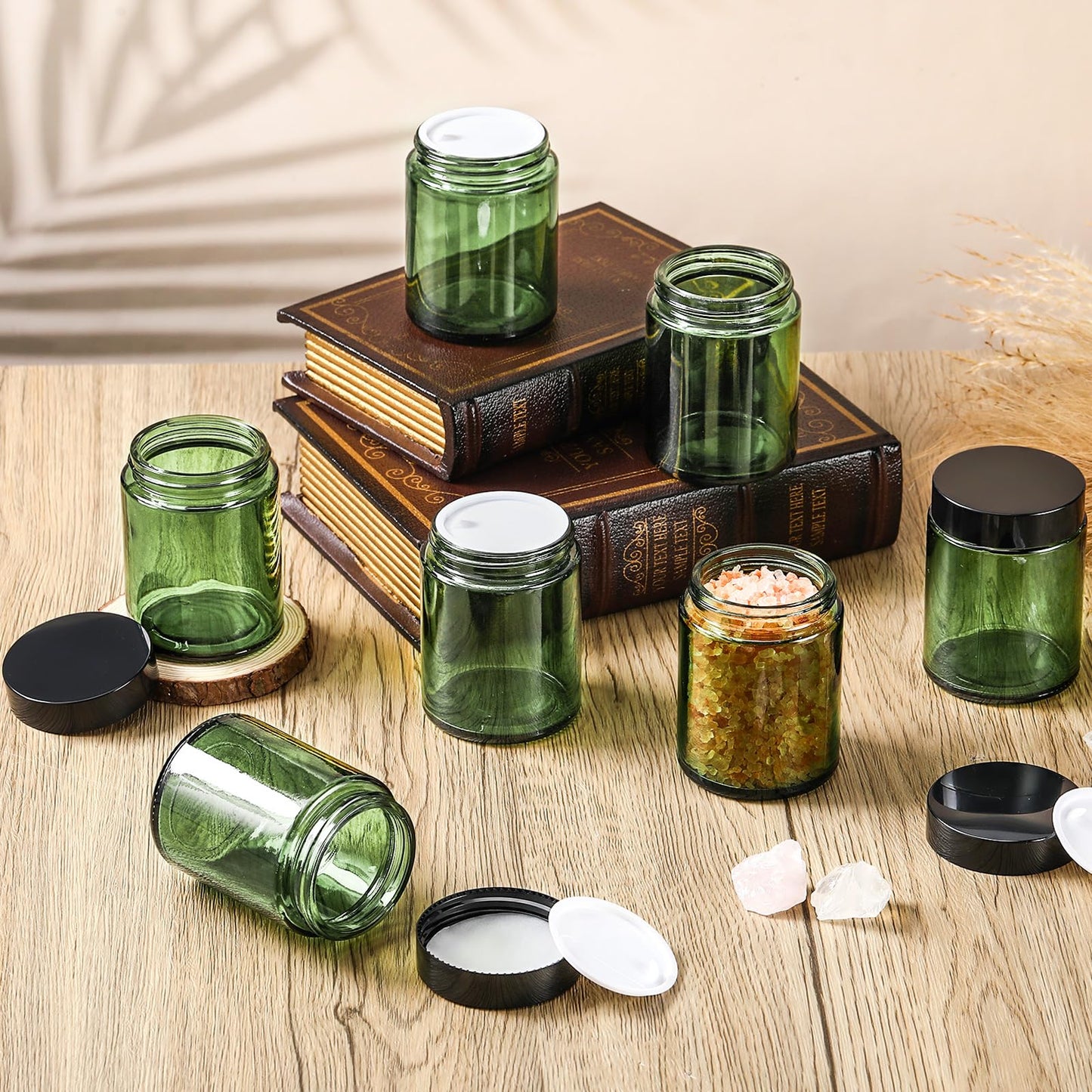 Domensi 24 Pcs Bulk 6oz Glass Jars with Lids Leakproof Round Airtight Empty Cosmetic Jars with Inner Liners Lid for Storing Lotions Spices Ointments Food Storage (Olive Green)