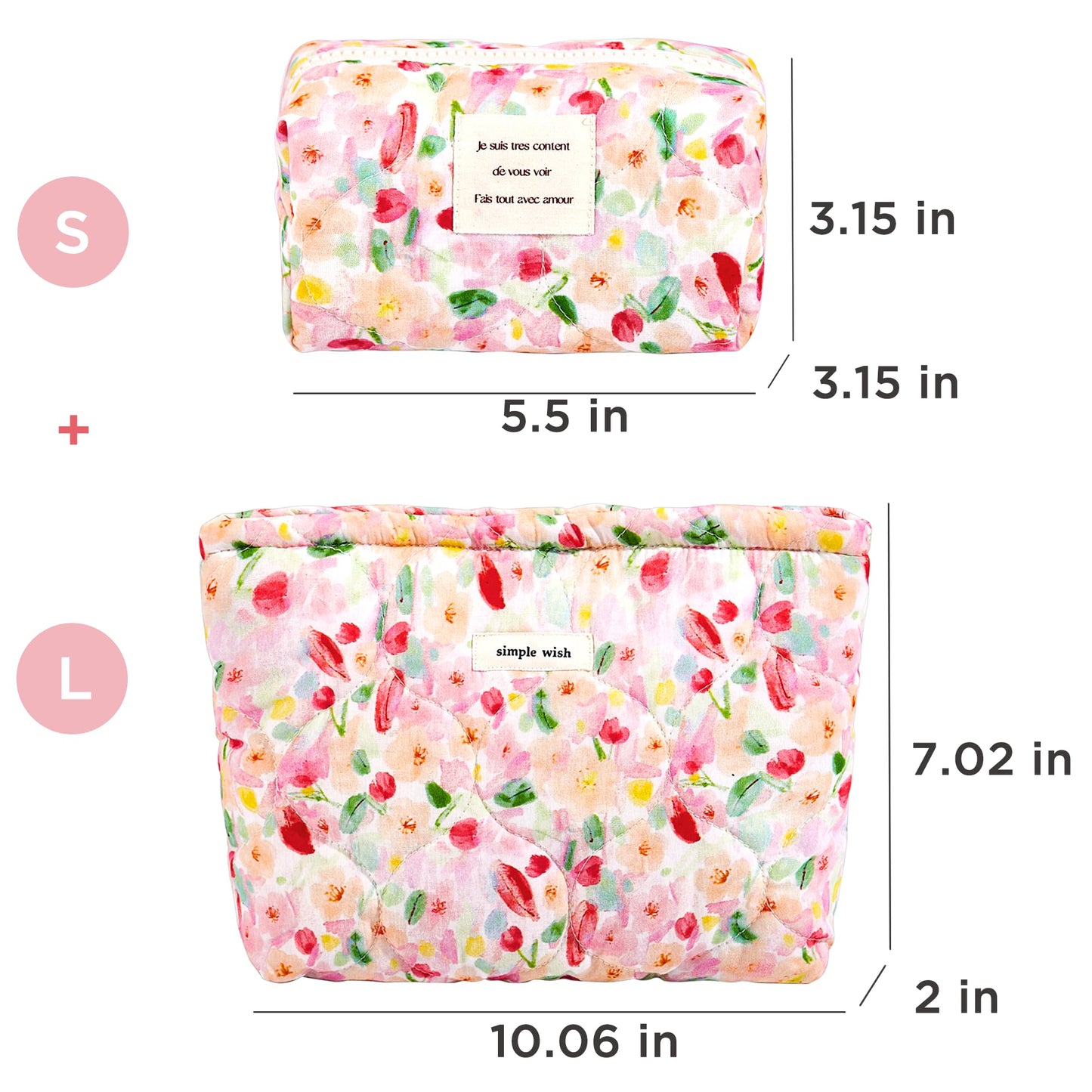 Sminra 2 Pcs Floral Makeup Bag Large Travel Cotton Quilted Cosmetic Makeup Bag Organizer, Cute Coquette Aesthetic Zipper Portable Pouch Purse Storage Toiletry Bag for Women Girls accessories