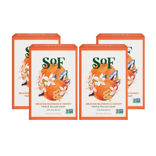 South Of France SoF Triple Milled Bar Soap - With Coconut Oil & Organic Shea Butter- Vegan & Non GMO- Free From Phthalates, Sulfates & Parabens- Orange Blossom & Honey - 6 oz Bar 4 Bars