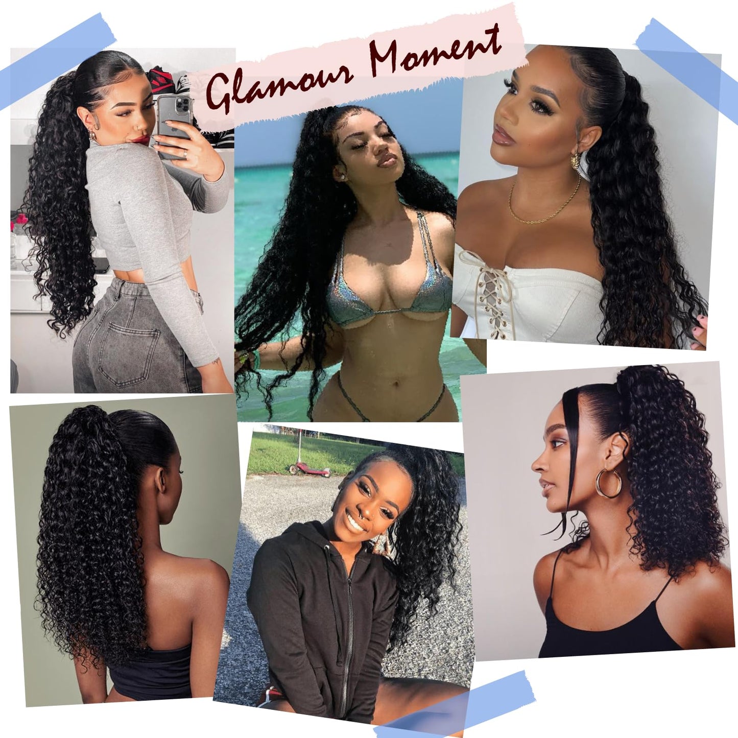 Yacurcur Water Wave Drawstring Ponytail Brazilian Remy Human Hair Ponytail Extensions for Black Women Ponytail Extension Human Hair Pieces Natural Black 18 Inch