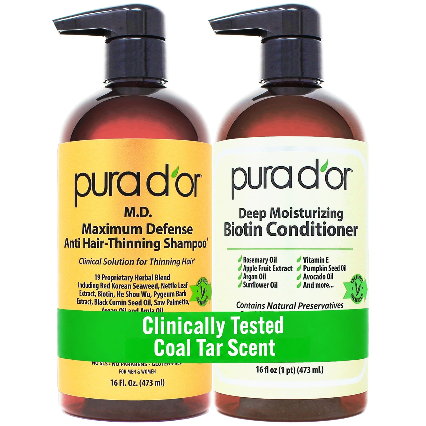PURA D'OR MD Anti-Thinning Biotin Shampoo & Hair Regrowth Conditioner Set, Maximum Defense Herbal Blend Hair Thickening Products For Women & Men, For Scalp Health, Strong Coal-Tar Scented, 16oz x2