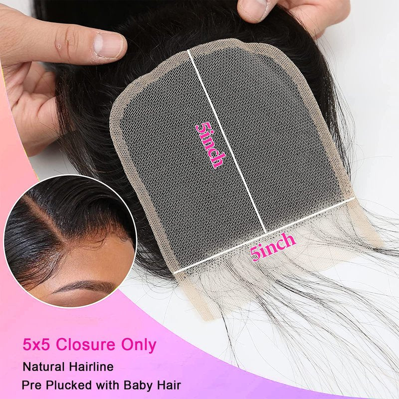 Lemoda 5x5 Closure Body Wave HD Transparent Lace Closure 12A Brazilian Virgin Human Hair Closure Pre Plucked with Baby Hair Natural Black 14 Inch