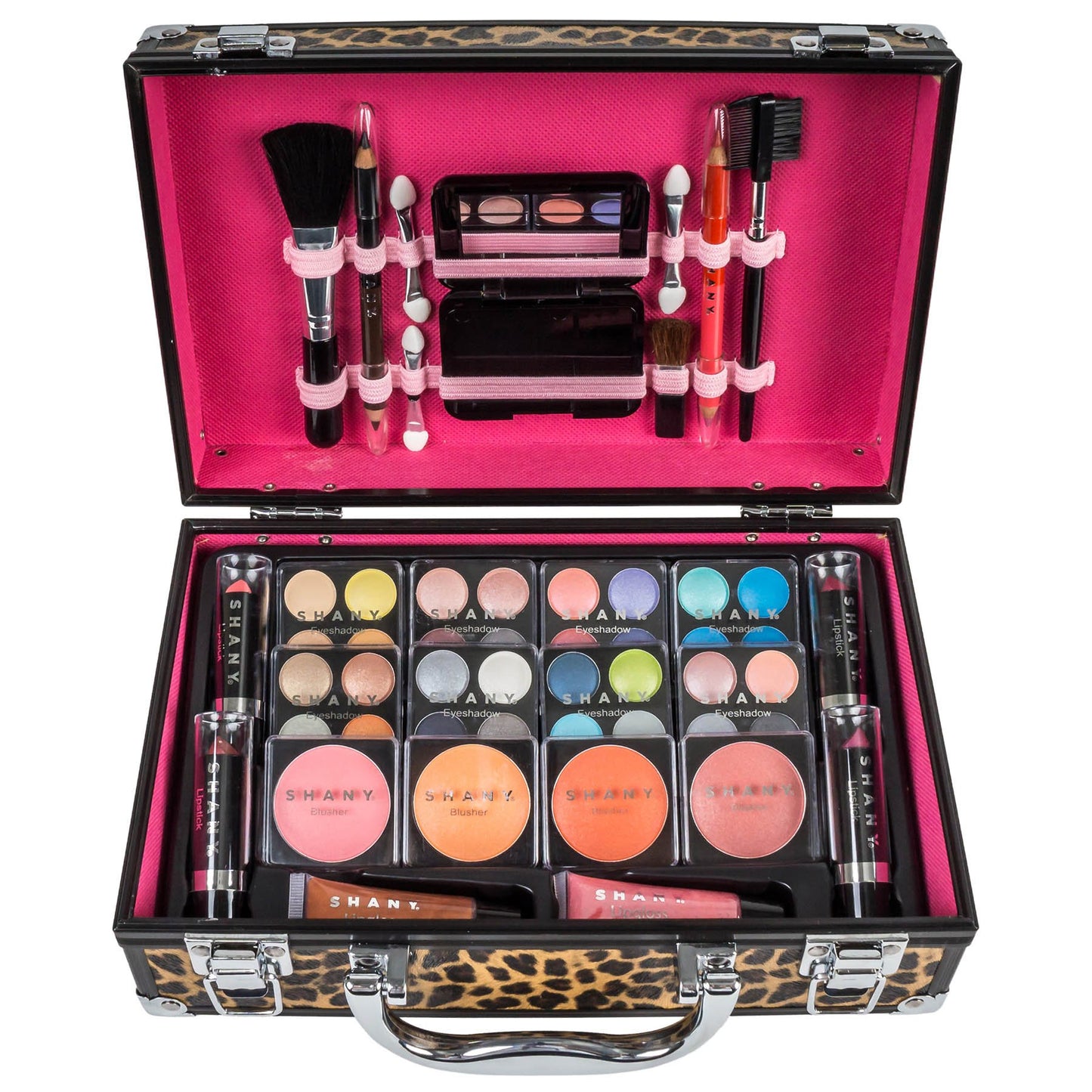 SHANY Carry All Make up Train Case with Pro Makeup Set, Beauty Brushes, Lipsticks, Eye Shadows, Blushes, Powders, and more - Reusable Cosmetics Storage Organizer - Premium Gift Packaging - Leopard