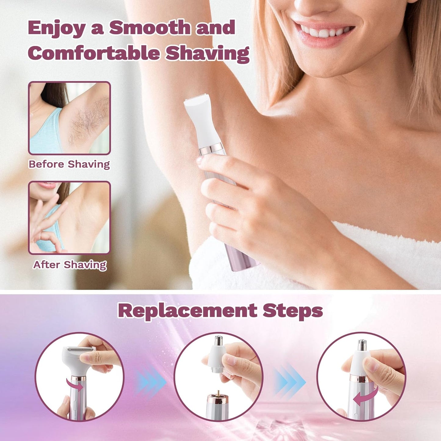 Electric Razors for Women - 5-in-1 Bikini Trimmer & Wet/Dry Shaver | Face, Nose, Eyebrow, Arms, Legs, Pubic Area Hair Removal