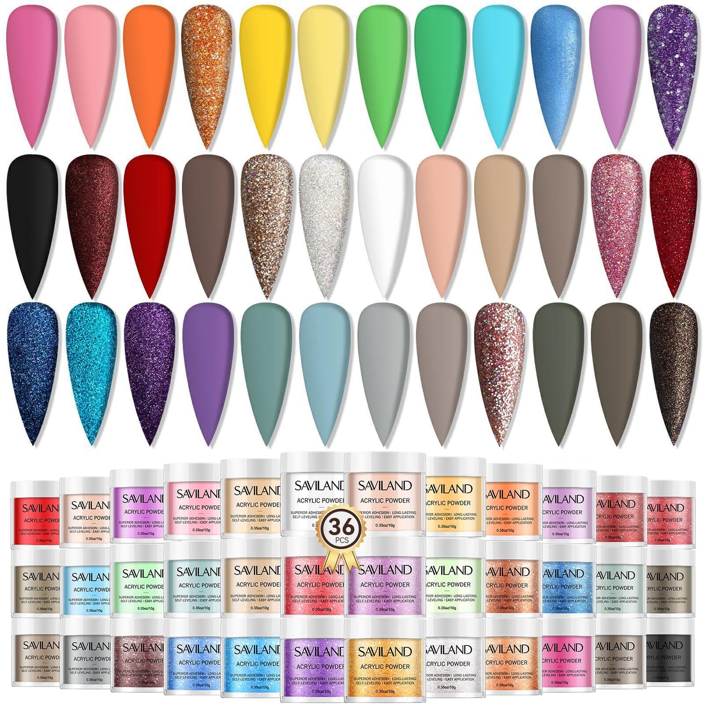 SAVILAND Color Artistry Acrylic Powder Set 36 Colors: Creative Palette Keratin Acrylic Nail Powder Pink Nude Yellow White Nail Powders Kit For Extension Carving DIY Manicure 10g