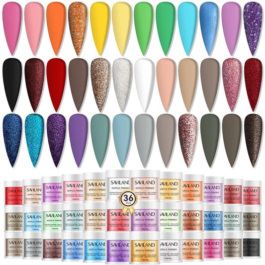 SAVILAND Color Artistry Acrylic Powder Set 36 Colors: Creative Palette Keratin Acrylic Nail Powder Pink Nude Yellow White Nail Powders Kit For Extension Carving DIY Manicure 10g