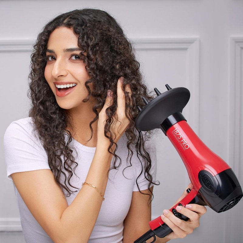 KISS 1875 Watt Pro Tourmaline Ceramic Hair Dryer, Styling Edition, 3 Heat Settings, 2 Speed Settings, Cool Shot Button, 7 Blow Dryer Accessories Included, 2-Year Warranty - Red