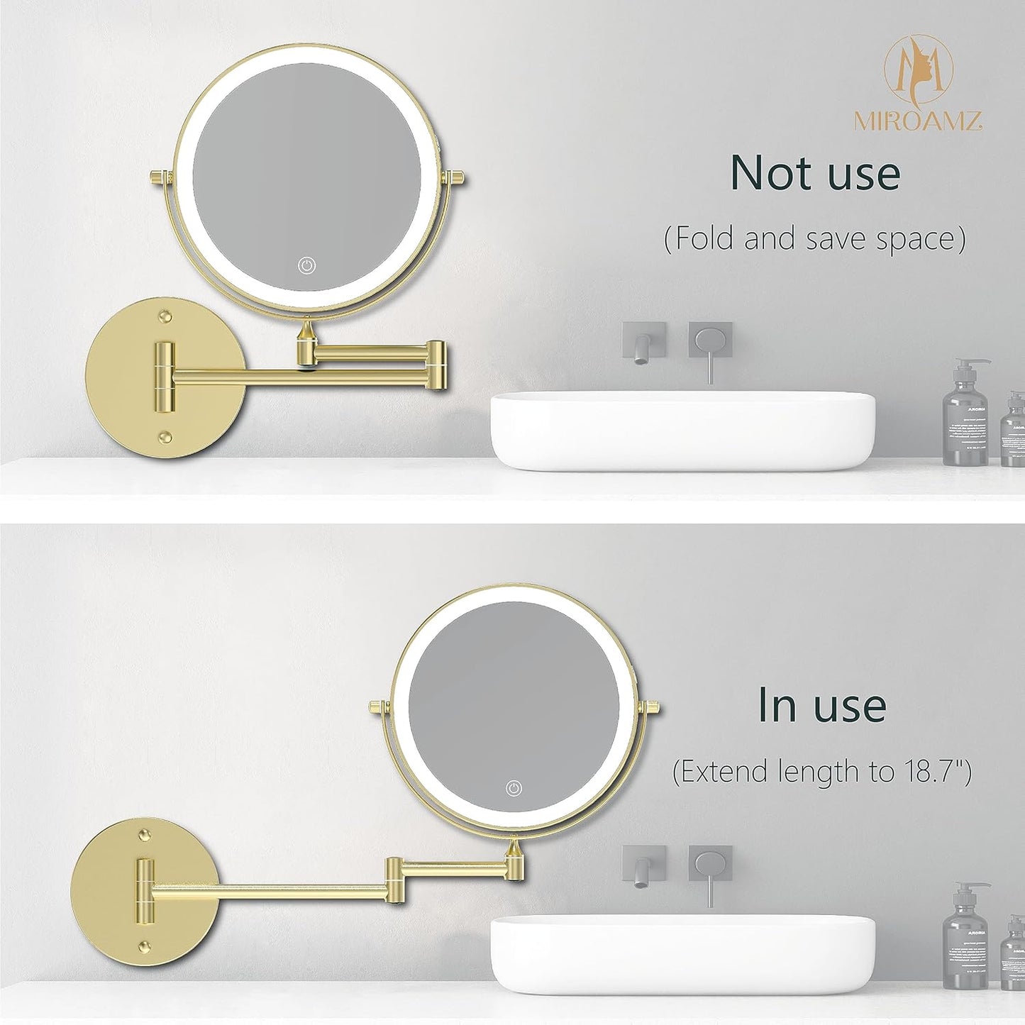 Lighted Makeup Vanity Mirror - 8 Inch Double-Sided 1X/10X Magnification | 3 Color Lighting, Touch Screen Dimming, 360° Rotation, Gold