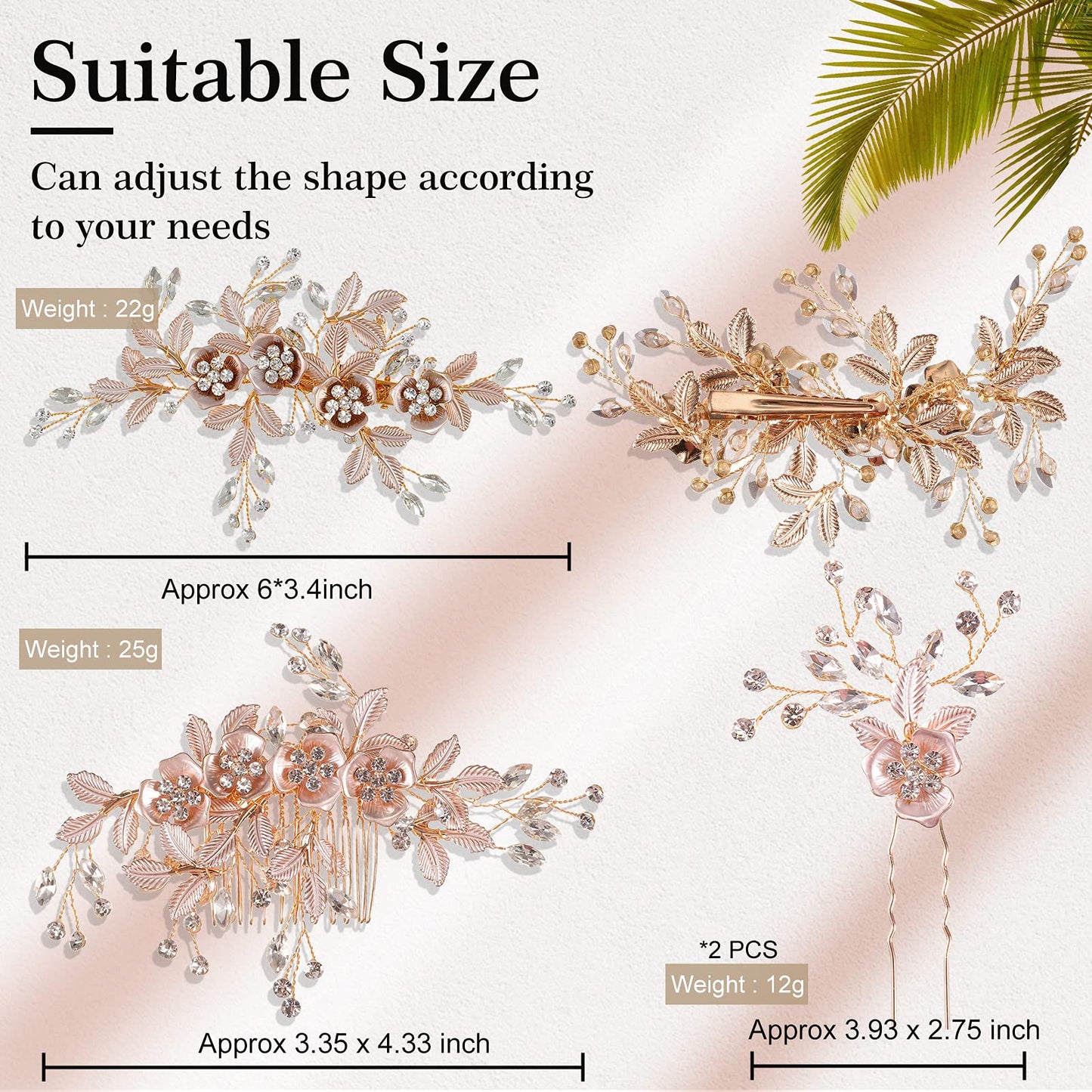 4 Pieces Bridal Rose Gold Hair Accessories for Brides and Bridesmaids Rhinestone Hair Pins Crystal Flower Barrette Wedding Combs with Leaves