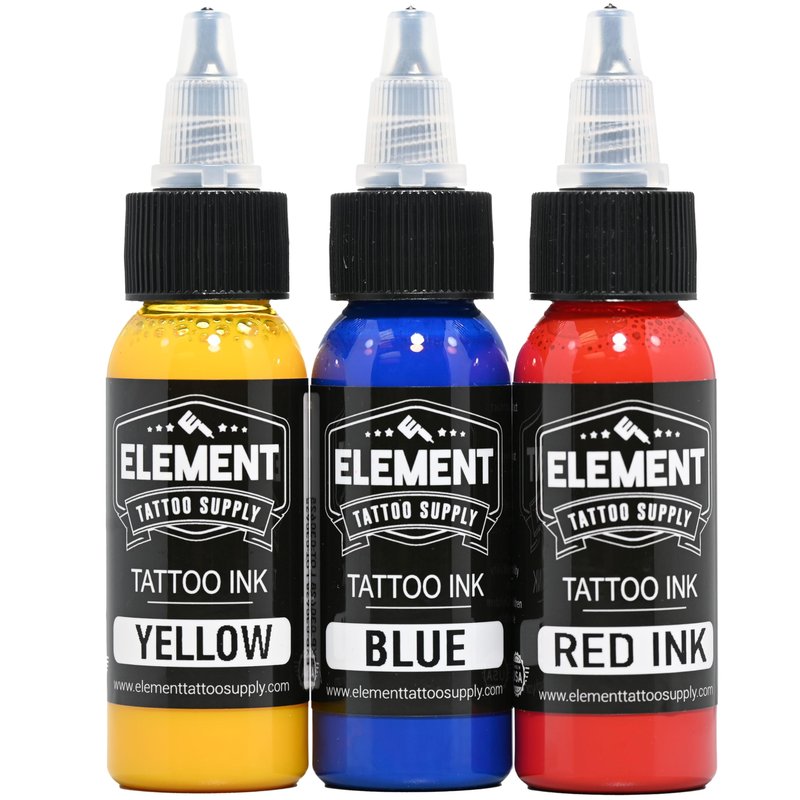 Element Tattoo Supply Ink Set | Red Yellow Blue | Professional Solid Colors for Human Skin | Bright Bold Pre-Dispersed Pigment | Essential Artist Supplies | 1oz Bottles