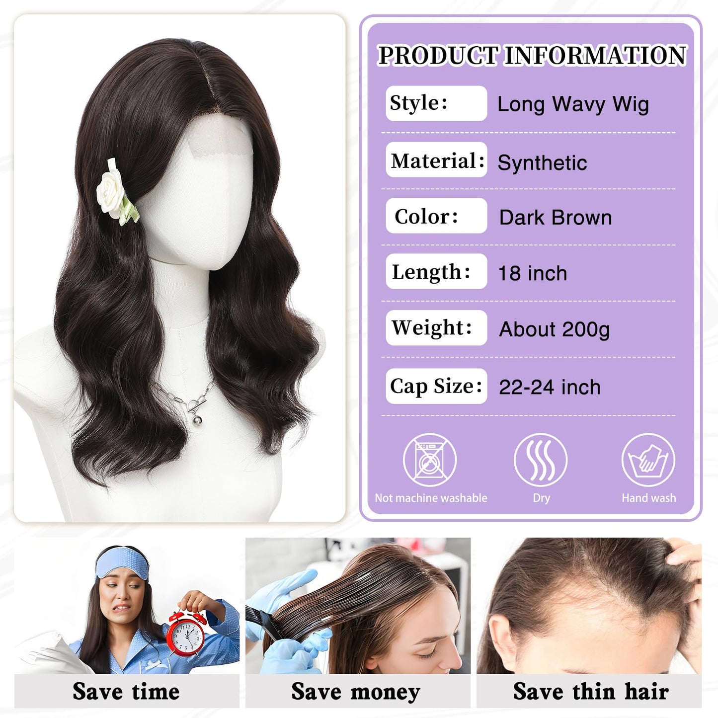 MORICA Dark Brown Wigs for Women 18 Inch Middle Part Medium Length Short Curly Wavy Wigs,Natural Synthetic Hair Womens Wigs for Daily Party/Halloween Use