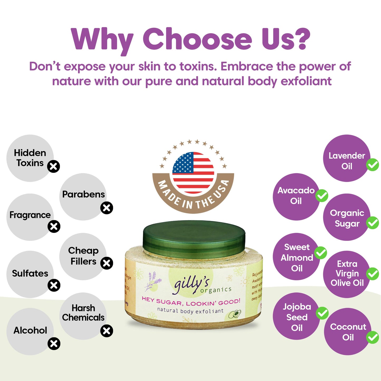 Gilly's Organics Sugar Scrub – Natural Scrubs with Lavender, Coconut, Avocado, Sweet Almond Oil – Gentle Exfoliating and Deeply Hydrating Body Scrub for Women and Men – 8oz Organic Sugar Scrub