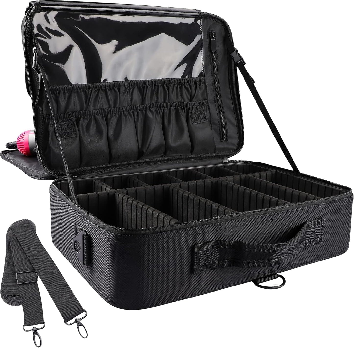 Travel Makeup Train Case - Large Capacity Cosmetic Bag Organizer for Women | Adjustable Dividers & Shoulder Strap - Black, Large