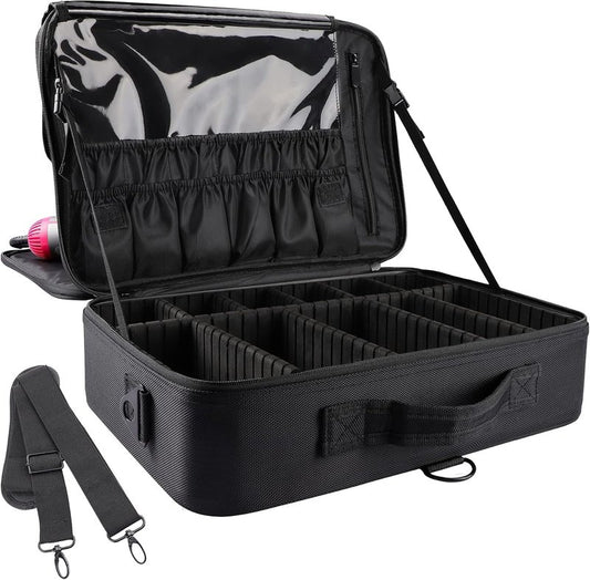 Travel Makeup Train Case - Large Capacity Cosmetic Bag Organizer for Women | Adjustable Dividers & Shoulder Strap - Black, Large