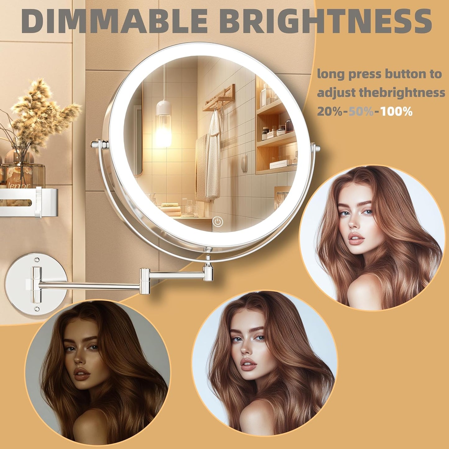 Wall Mounted Makeup Mirror with Light - 10” Double-Sided 1X/7X Magnification | Dimmable 3-Color Touch Control, 360° Rotation