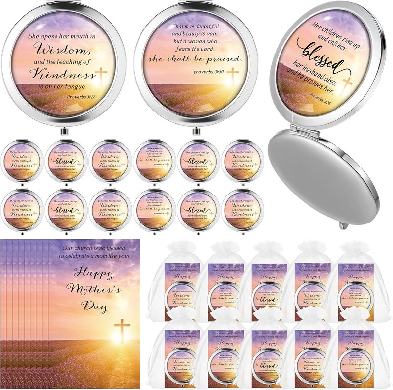 Christian Compact Makeup Mirror Set - 12 Round Pocket Mirrors with Bible Verses & Gift Bags | Perfect Mother's Day Church Gifts