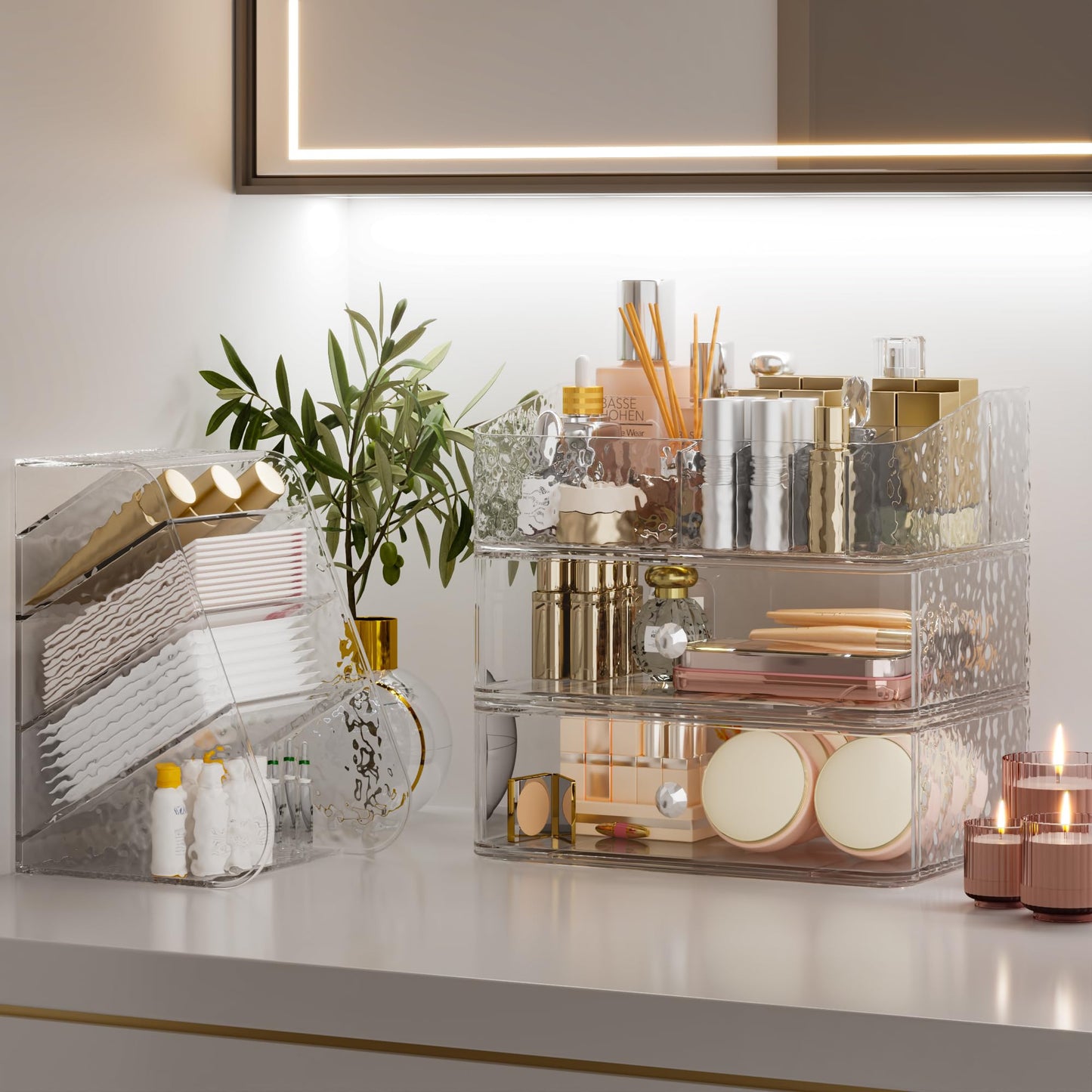 Henyol Makeup Organizer with Brush Holder Plastic Makeup Drawers For Vanity Clear Stackable Storage Case Makeup Organizer For Skincare, Brushes, Lipstick, Nail Polishes, Perfumes, Eyeshadow Palettes