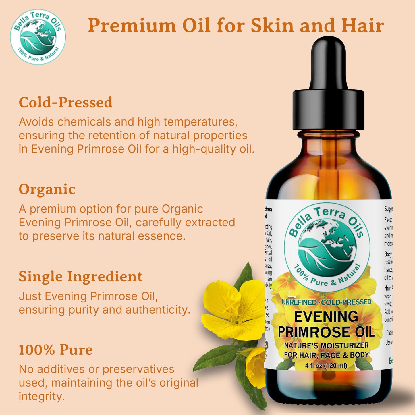 Bella Terra Oils - Organic Evening Primrose Oil 16 oz - Embrace the Enchanting Primrose Nutritional Profile, High in GLA & Fatty Acids, Elevate Your Beauty Routine
