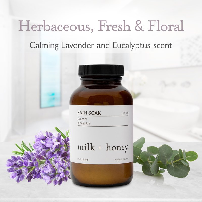 Milk + Honey Calming Bath Soak No. 8 – Moisturizing Epsom Salt with Lavender & Eucalyptus – Relaxing Aromatherapy Soak for Sore Muscles, Dry Skin & Stress Relief – 10 oz