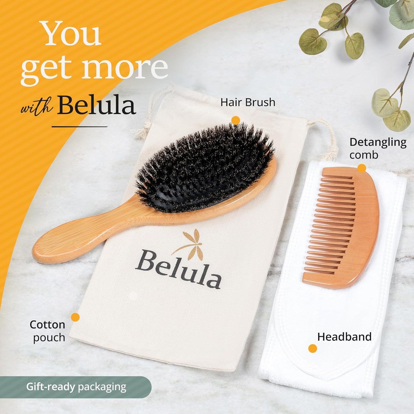 Belula 100% Boar Bristle Hair Brush Set - Soft Natural Bristles for Thin & Fine Hair | Includes Wooden Comb, Travel Bag & Spa Headband