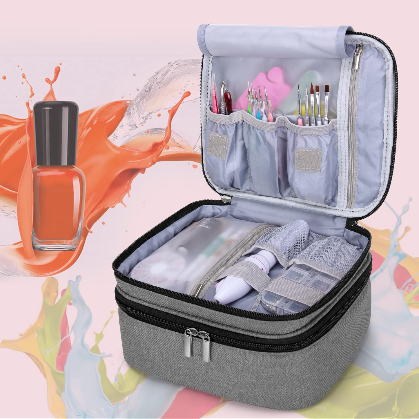 LUXJA Nail Polish Carrying Case - Holds 30 Bottles (15ml - 0.5 fl.oz), Double-layer Organizer for Nail Polish and Manicure Set, Gray (Bag Only)