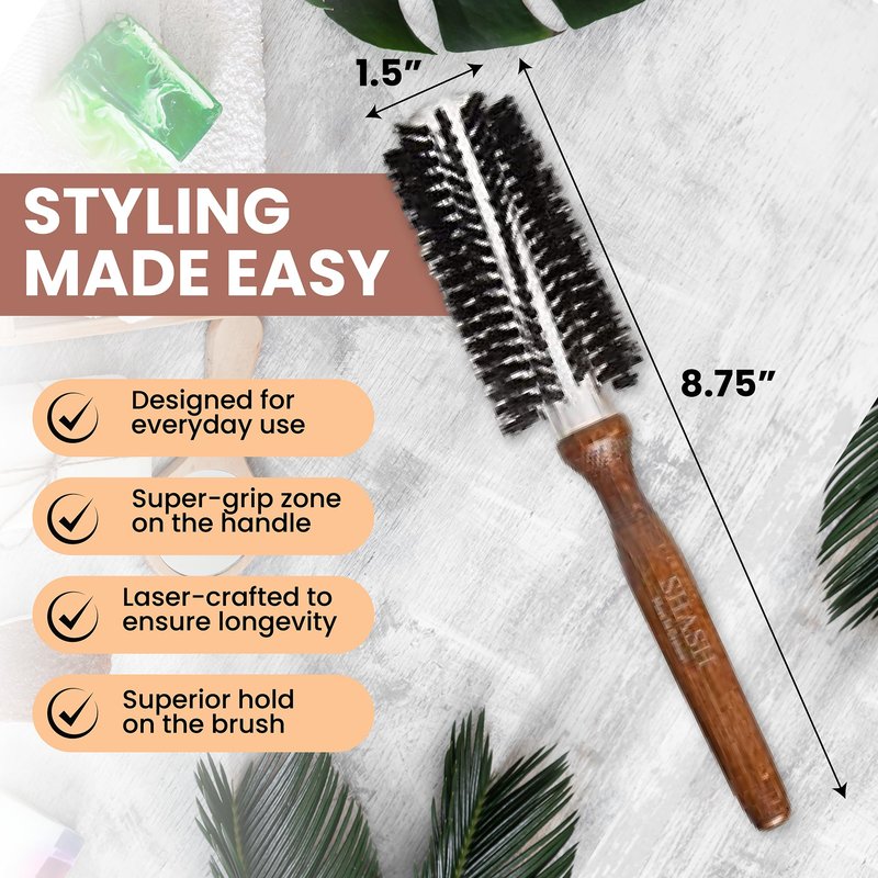 SHASH Since 1869 Hand Made In Germany Professional Series Boar Bristle Round Brush - Add Volume, Help Fight Frizz - Super-Grip Handle for Easy Styling - Eco-Sour (Small)