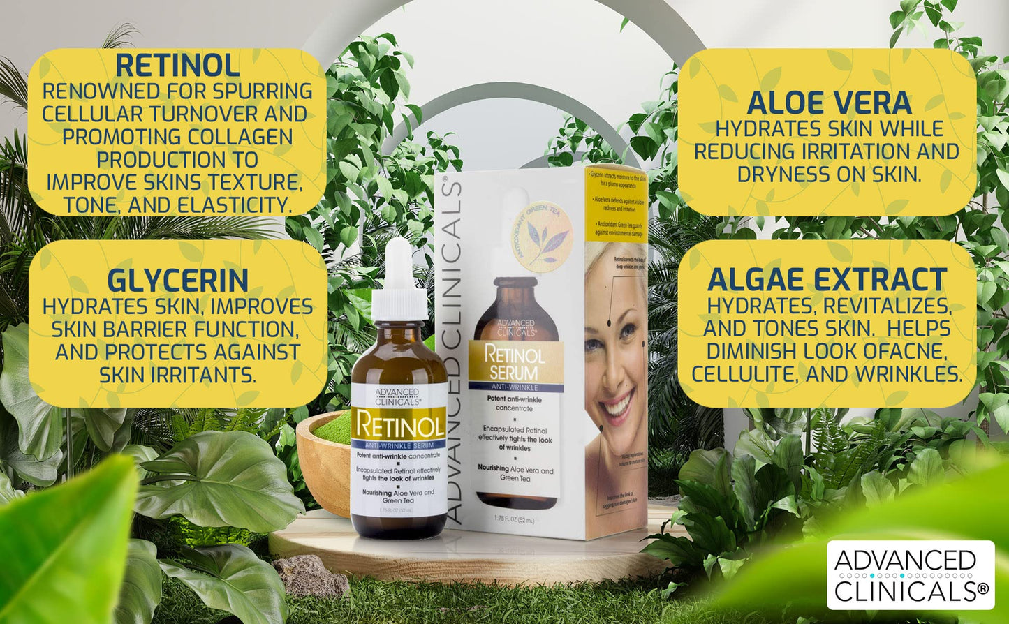 Advanced Clinicals Retinol Anti-Aging Facial Serum + Vitamin C Brightening Facial Serum + Hyaluronic Acid Hydrating Facial Serum Set