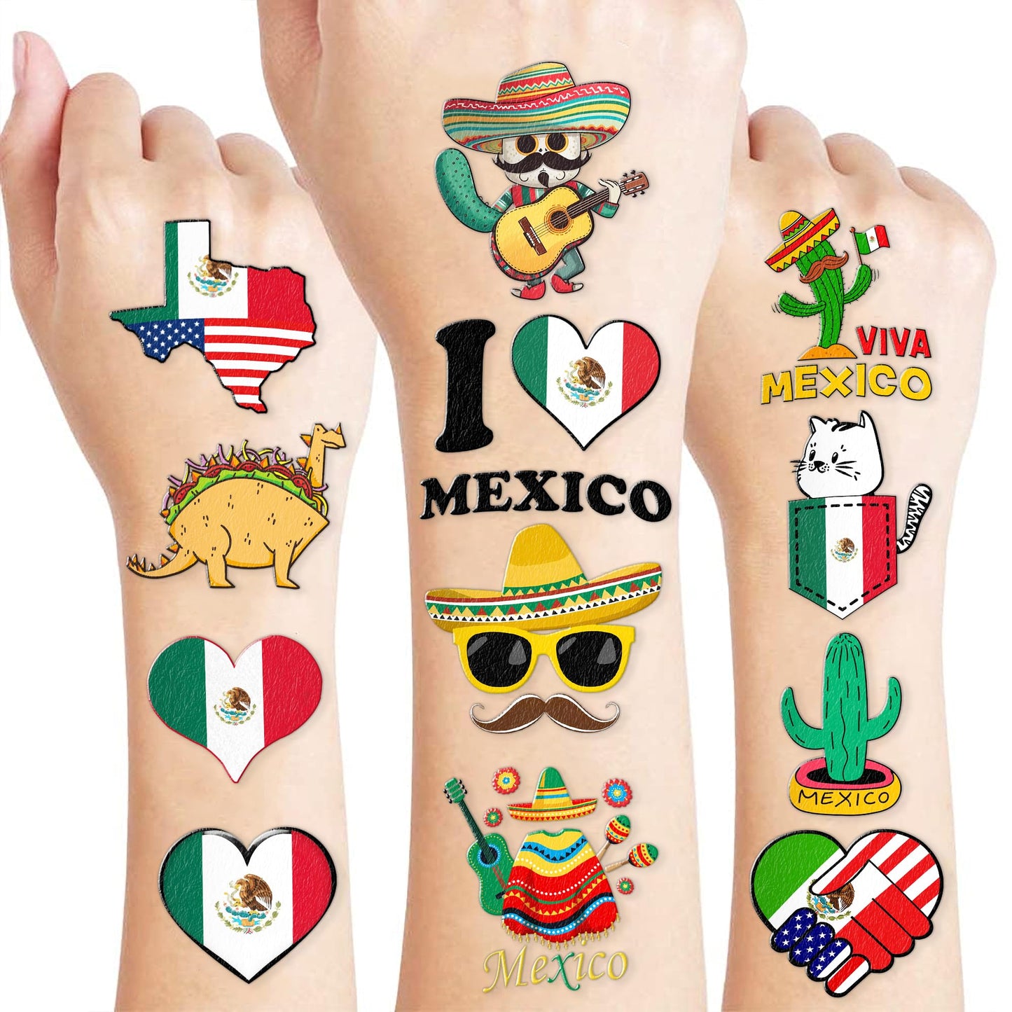 Mexico Independence Day Temporary Tattoos - 100 Pcs (10 Sheets) Viva Mexican Themed Fake Tattoos for Kids & Adults, Party Favors & Decorations