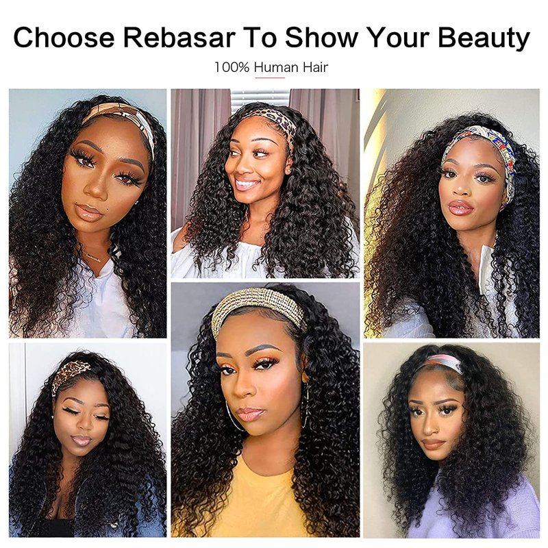 Deep Wave Headband Wig Human Hair 14 Inch Curly Headband Wigs for Black Women Human Hair Glueless None Lace Front Wig Brazilian Virgin Hair Wear and Go Wigs 150% Density Natural Black Color