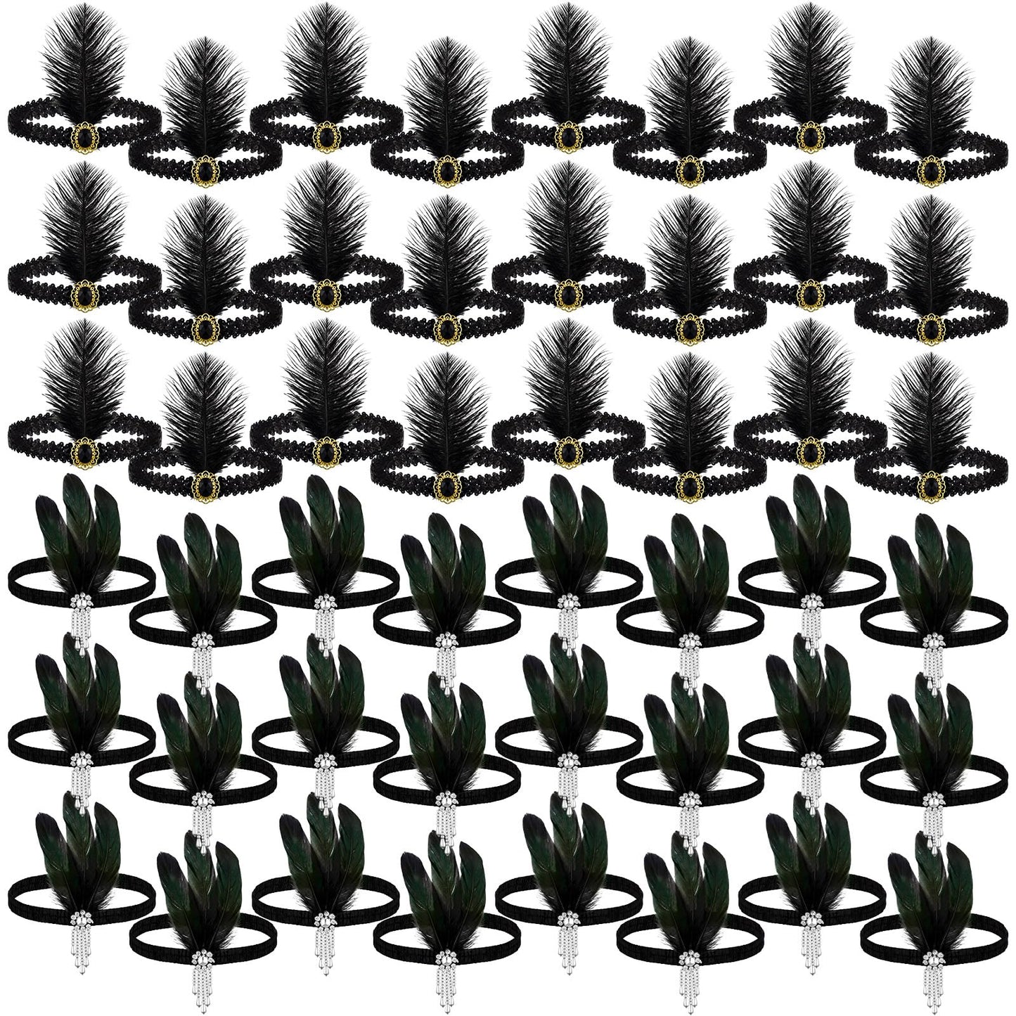 Ceenna 24 Pieces 1920s Flapper Headband Black Feather Headband Costume Flapper Headpiece 20s Rhinestone Hair Accessory for Women