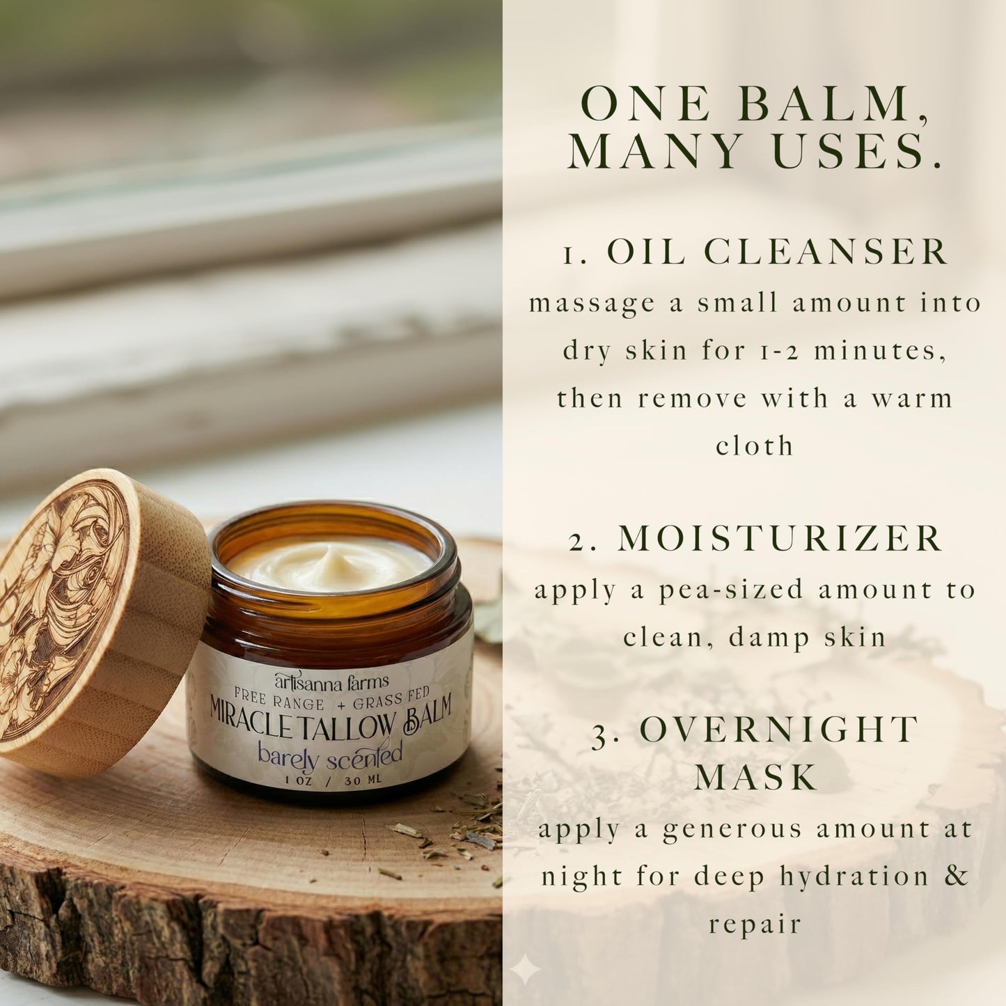 Artisanna Farms Miracle Tallow Balm - Hand-Crafted in the USA With Manuka Honey, Grass-Fed Tallow & Medicinal Plants for Healing & Nourishing All Skin Types (1 oz, Sage & Palo Santo)