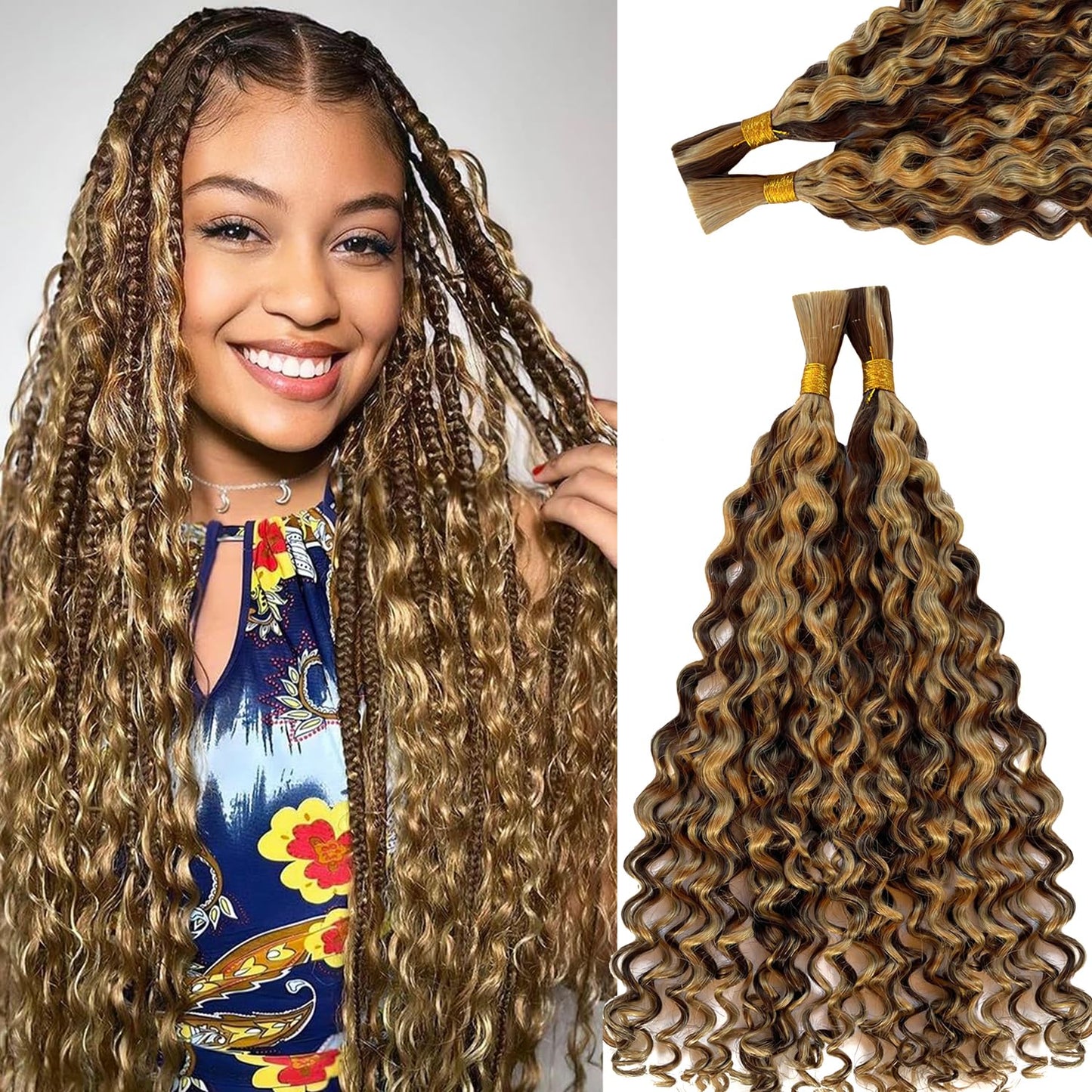 4/27 Honey Blonde Human Braiding Hair Deep Water Wave Bulk Human Hair for Braiding Highlights Curly Braiding Hair Extensions for Boho Braids 14 Inch 2 Bundles 100G Wet and Wavy Human Hair Braiding
