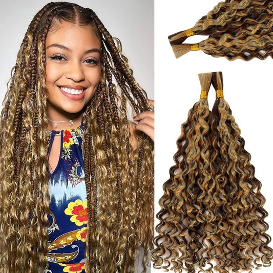 4/27 Honey Blonde Human Braiding Hair Deep Water Wave Bulk Human Hair for Braiding Highlights Curly Braiding Hair Extensions for Boho Braids 14 Inch 2 Bundles 100G Wet and Wavy Human Hair Braiding