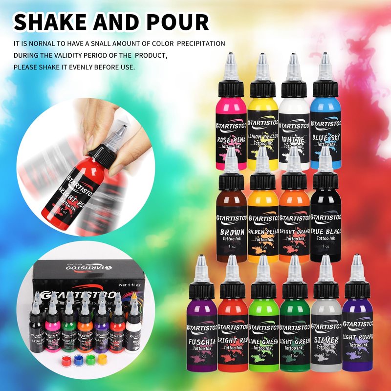 14 Colors Tattoo Ink Set 1oz (30ml) GTARTISTOO Professional Vegan-Friendly Pigment Tattoo Inks Color Kit Supplies