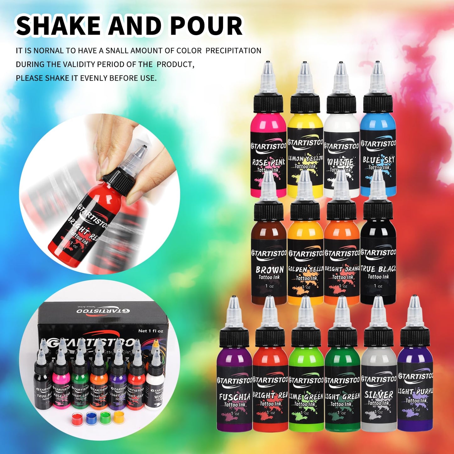 14 Colors Tattoo Ink Set 1oz (30ml) GTARTISTOO Professional Vegan-Friendly Pigment Tattoo Inks Color Kit Supplies