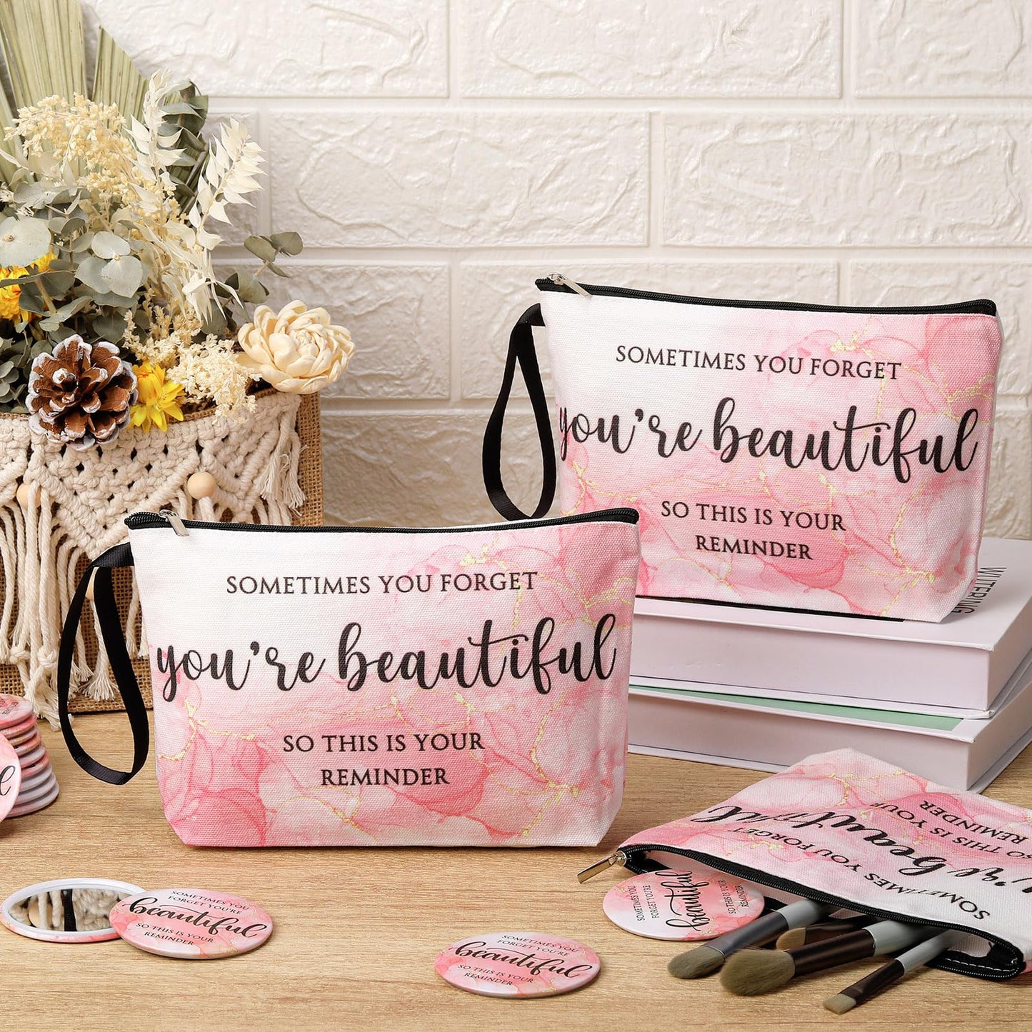 Beeveer 20 Sets Pink Inspirational Gift for Women, Appreciation Gift Bulk for End of Year Teacher, Sometimes You Forget You're Beautiful Makeup Bag and Compact Mirror for Mother Client Nurse Employee