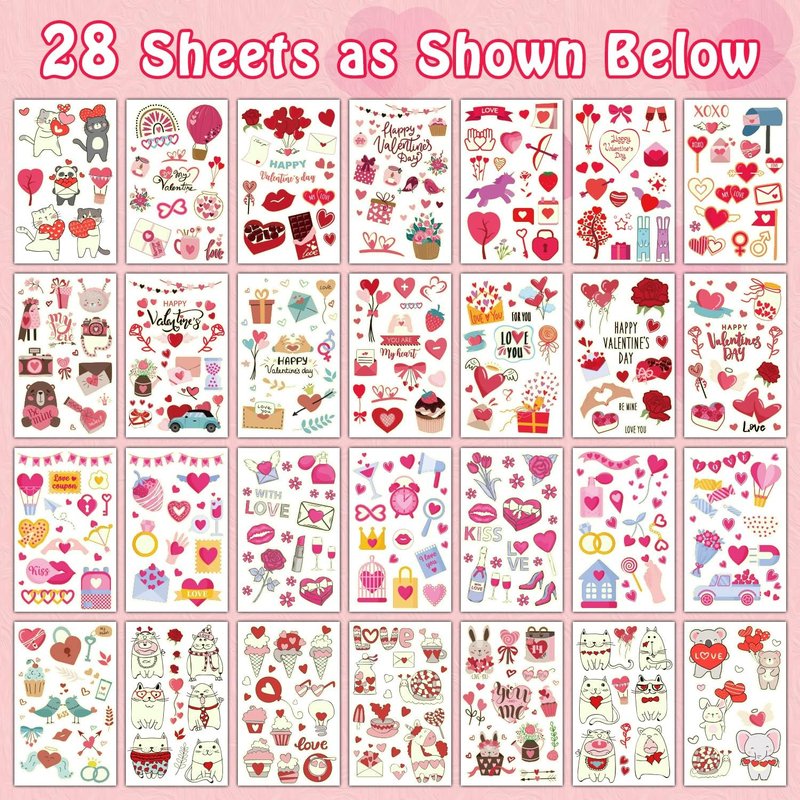 Partywind 28 Sheets (330 Styles) Valentines Day Temporary Tattoos for Kids, Valentines Day Decorations for Party Supplies Favors with Heart Tattoo Stickers, Exchange Prizes for Kids Classroom