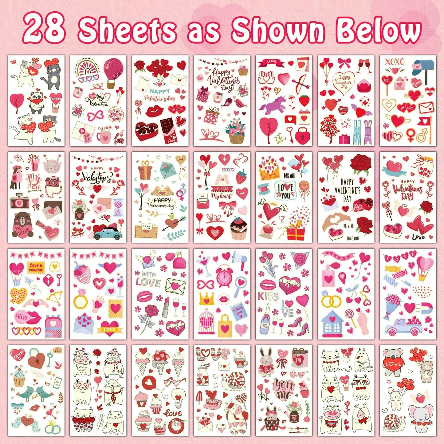 Partywind 28 Sheets (330 Styles) Valentines Day Temporary Tattoos for Kids, Valentines Day Decorations for Party Supplies Favors with Heart Tattoo Stickers, Exchange Prizes for Kids Classroom
