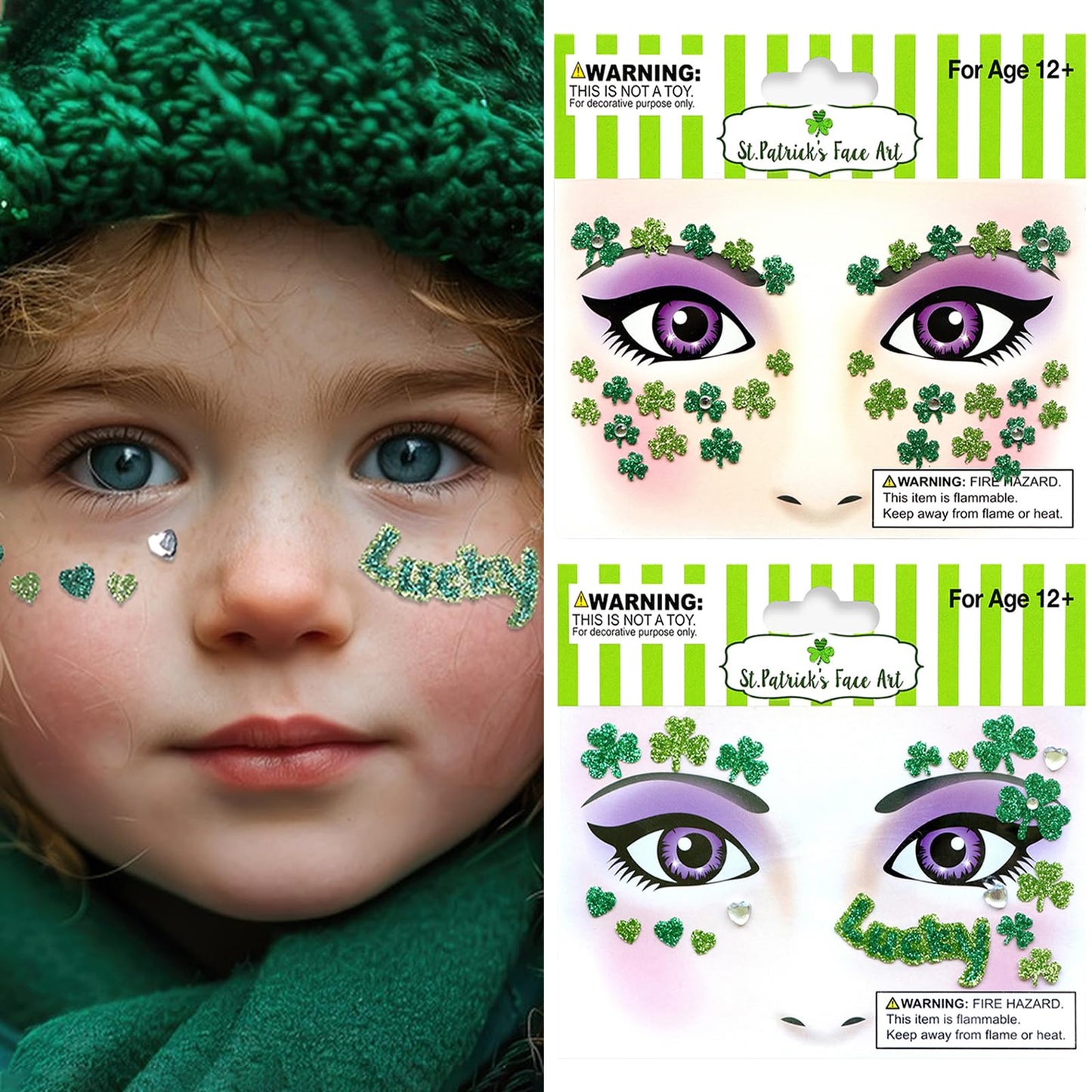 Ecuupas St. Patrick's Day Face Gems Shamrock Festival Green Glitter Clover Rhinestones Design Eyes Body Temporary Stickers for Luck Makeup Stick on Women Face Proms Decorations