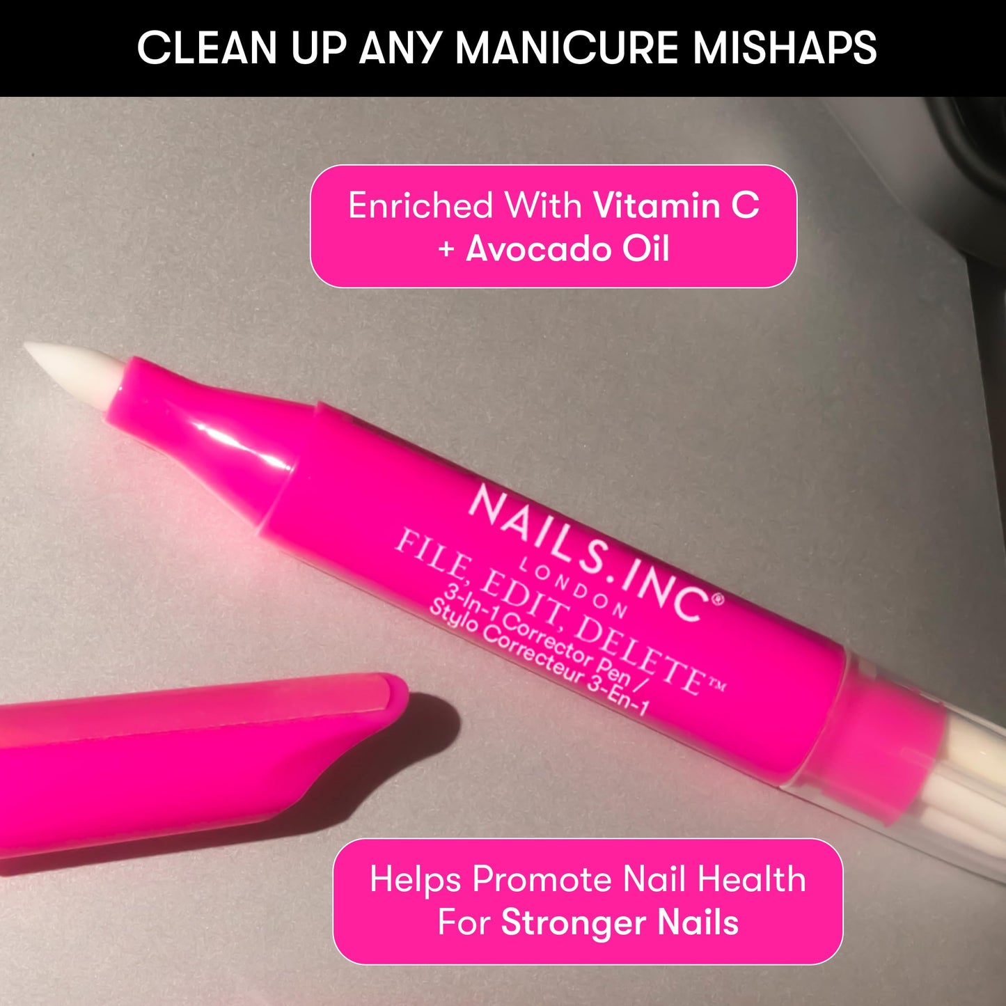 Nails Inc File, Edit, Delete 3-in-1 Corrector Pen, Cuticle Pusher, Nail Shaper, Nail Polish Remover, Precision Pointed Tip, Easy Clean Up, Replaceable Fine Pen Tips, Clean Gentle Formula, 0.13 FL