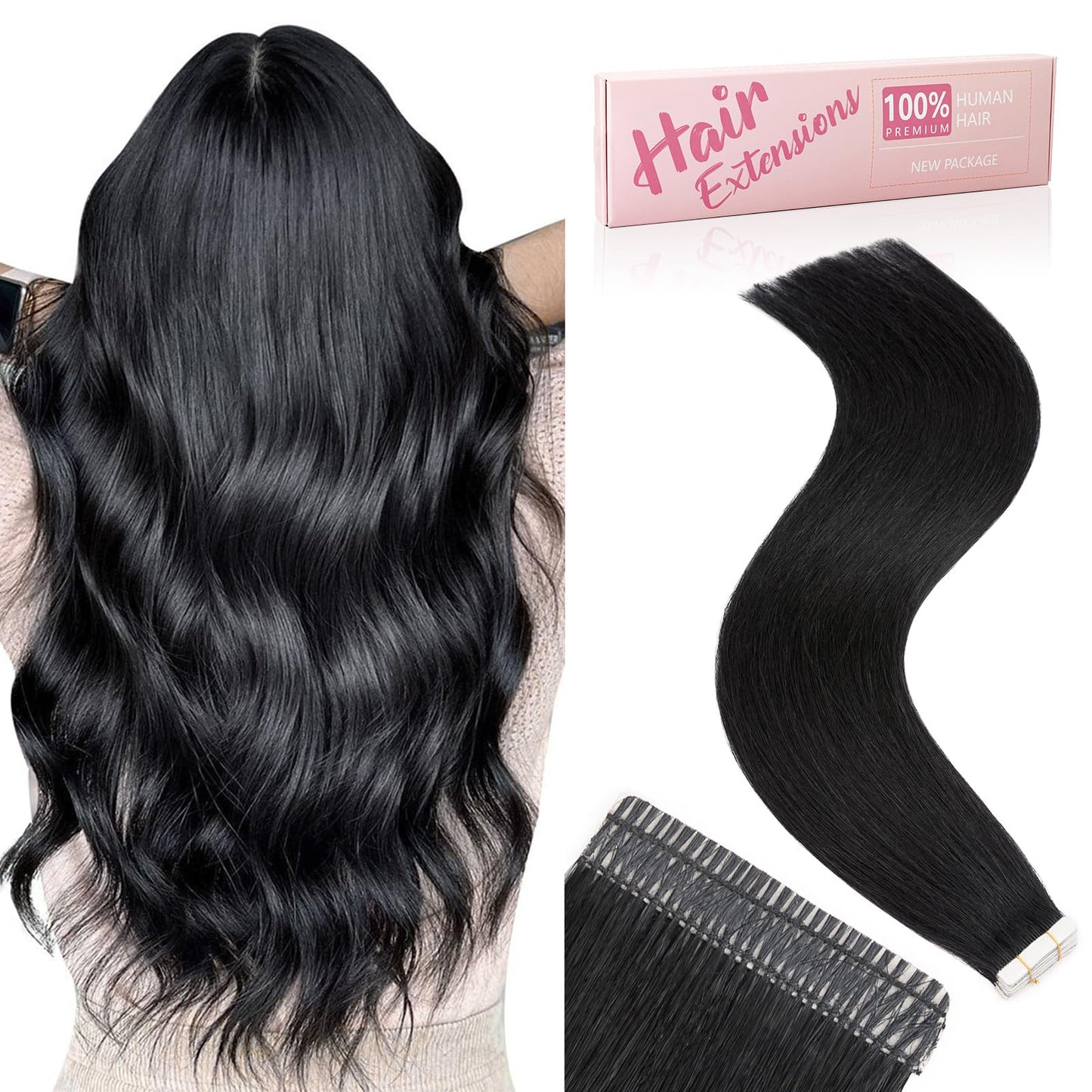 Charites Jet Black Tape in Hair Extensions Human Hair 20pcs 40g - Double Stitched Adhesive Real Human Hair Extensions - Invisible Tape ins Human Hair Extensions - 14 Inches 01#