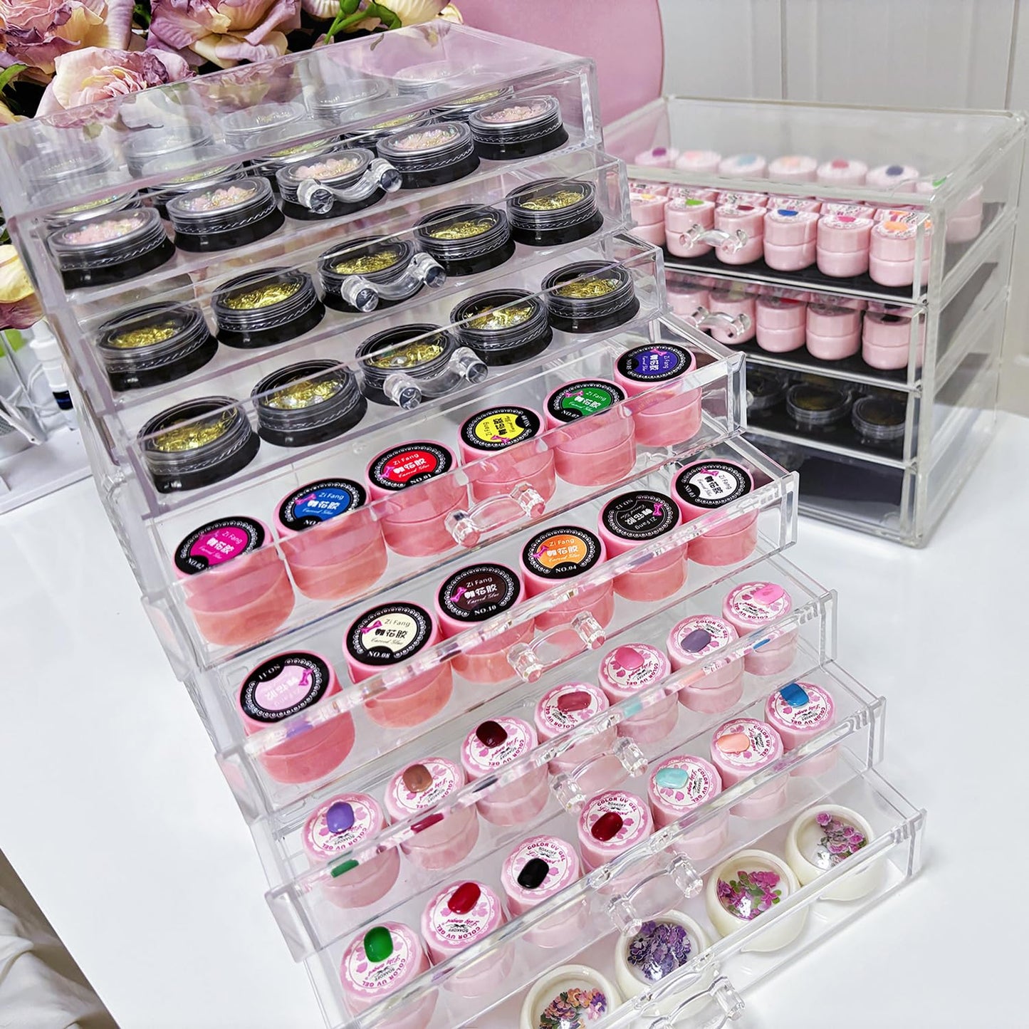 Guolich 5 Tier Nail Art Decoration Storage Box，Acrylic Make Up&Jewelry Organizer with Drawers, Cosmetic Storage for Dresser Countertop and Bathroom，Transparent Acrylic Nail Art Jewelry Accessories
