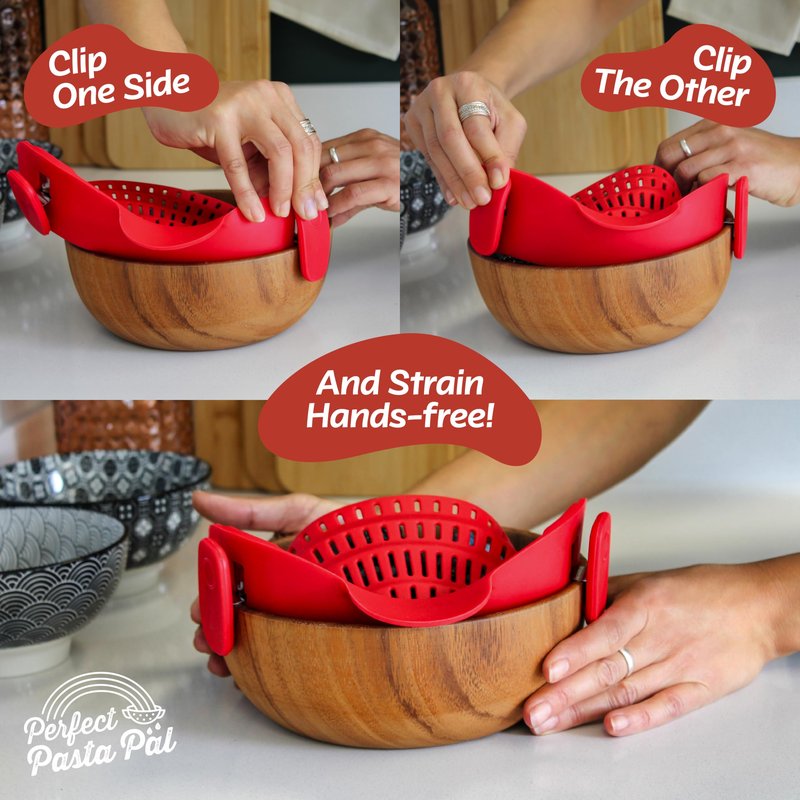 PERFECT PASTA PAL Clip-on Strainer for Pots - Silicone Pasta - Heat Resistant, Space Saving Colander for Kitchen - Dishwasher Safe Pot Strainer - Cooking Essentials and Home Must Haves