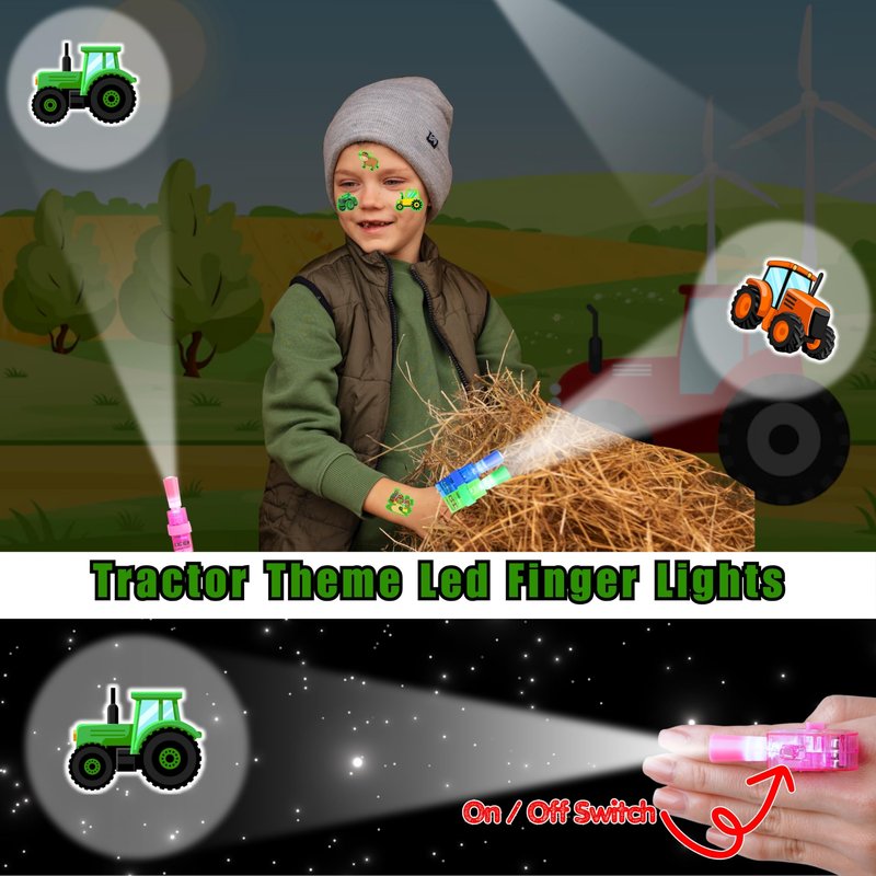 72 PCS Tractor Party Favors – 48 PCS Luminous Tattoos & 24 PCS LED Finger Lights Combo – Birthday Goodie Bag Fillers, Party Supplies, Gifts Light Up Toys Glow In The Dark for Boys and Girls