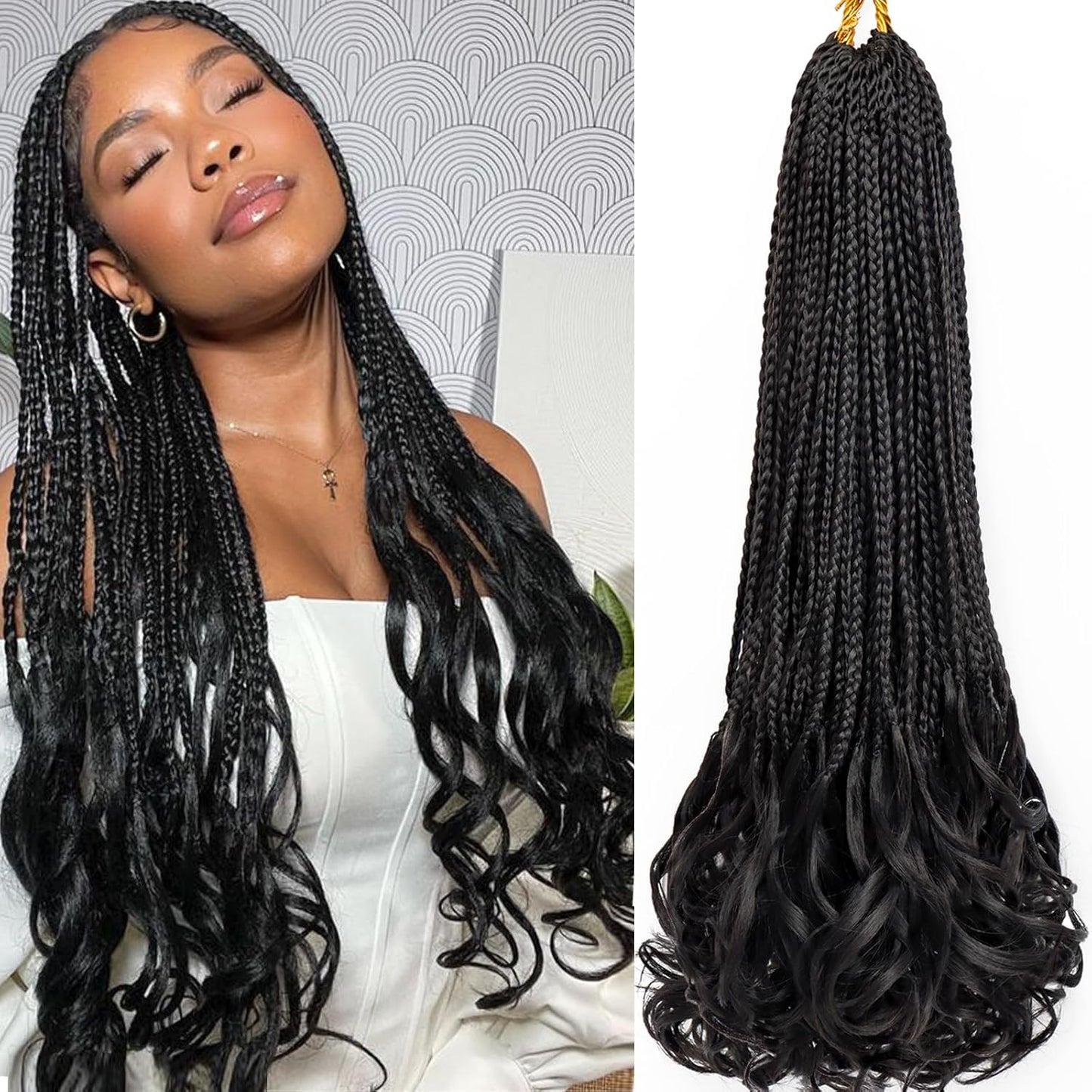 French Curl Crochet Braids - 22 Inch Goddess Box Braids | 8 Packs Pre-Looped Synthetic Hair Extensions (1B#)
